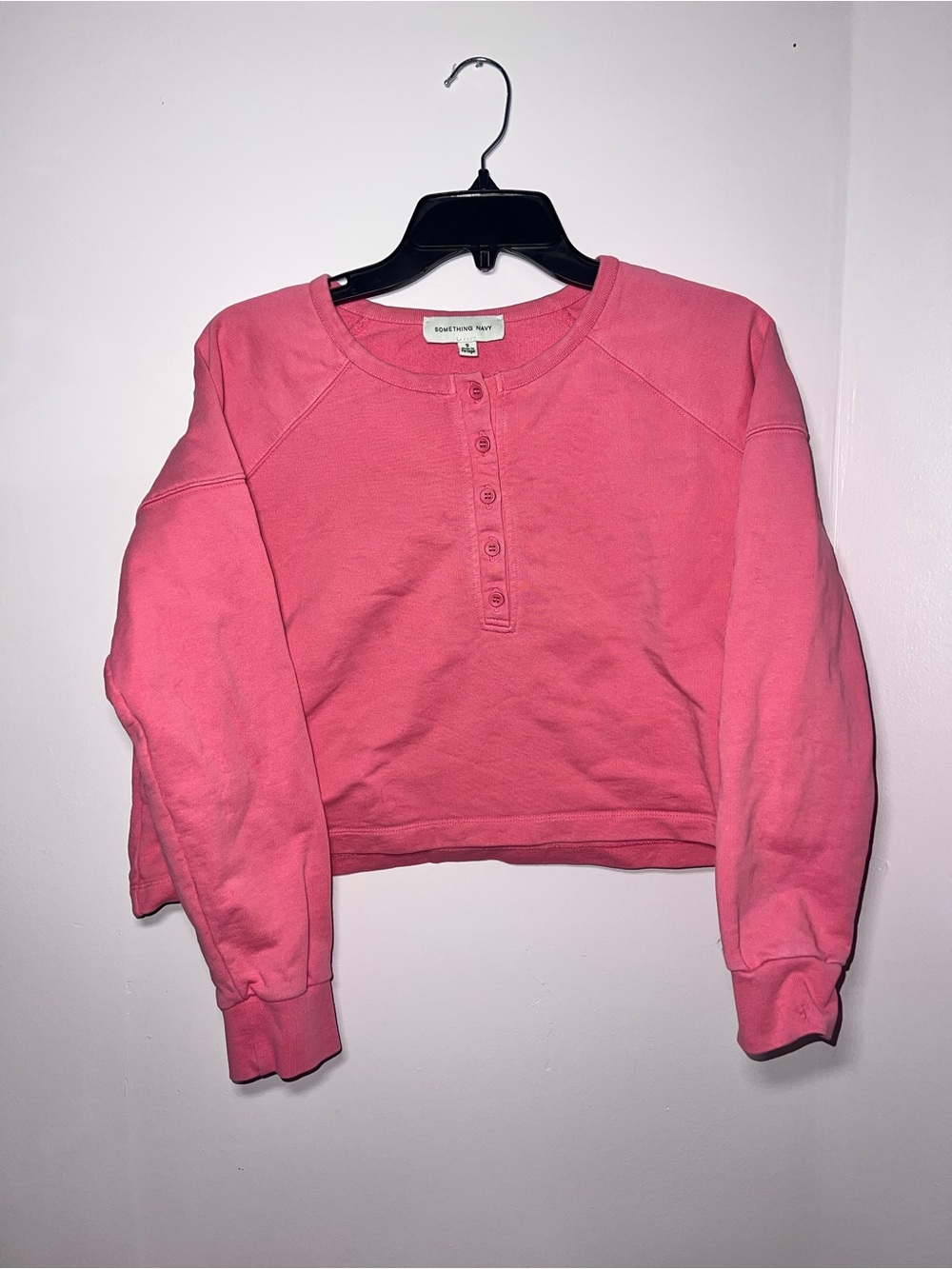 Something Navy Coral Pink Henley Cropped Sweatshirt